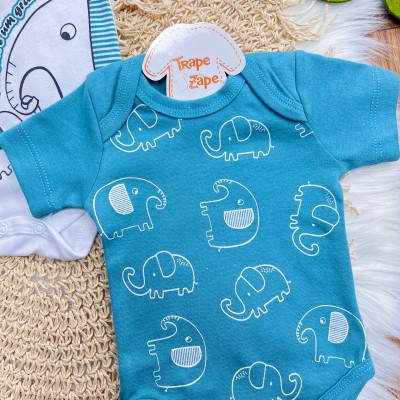 Kit 3 Peças - Bodys Manga Curta Elefantes - Verde e Branco